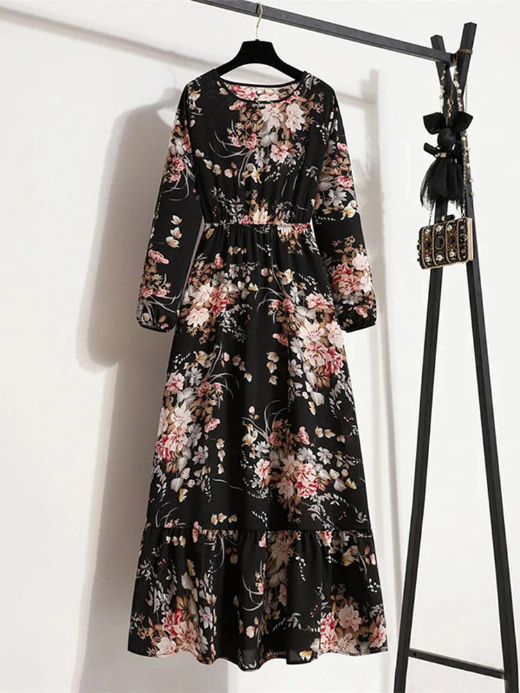 Elegant Floral Print Women Dress Spring Summer Casual O Neck Long Sleeve Chiffon A Line Long Maxi Dress Party Vestidos
