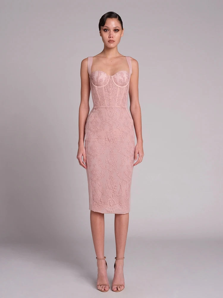 VC Midi Dresses For Women Chic And Elegant Square Collar Sleeveless Lace Patchwork Bandage Cocktail Party Vestidos