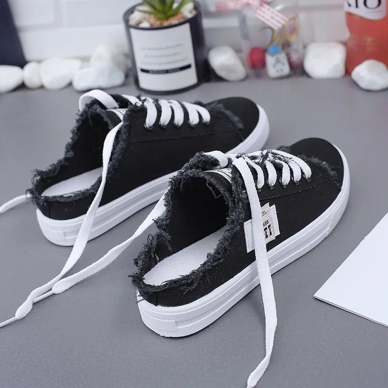 Women Canvas Shoes New 2023 Spring Summer flat sneakers women casual shoes low upper lace up white shoes