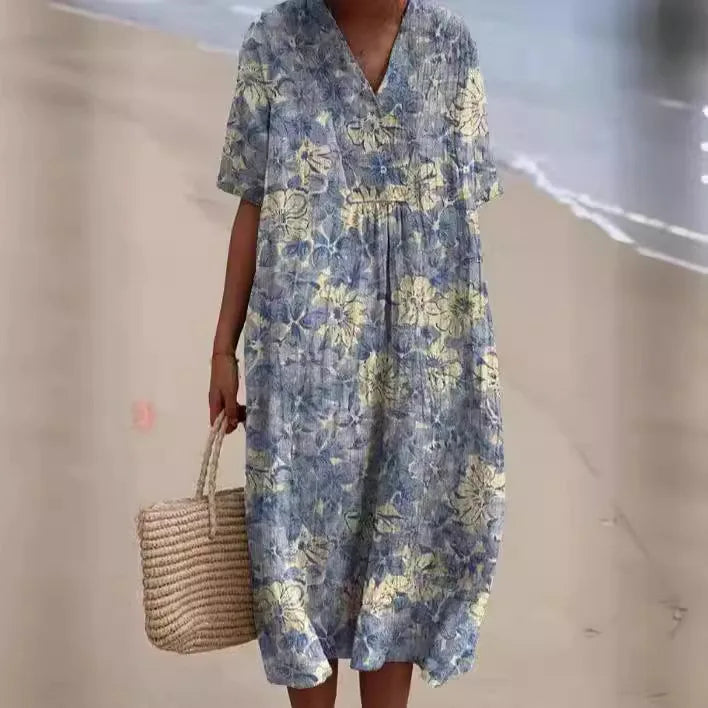 Women Floral Print Summer Maxi Dresses Colorful V Neck Short Sleeve Casual Loose Vacation Workout Beachwear Dress Robe Traf 2025