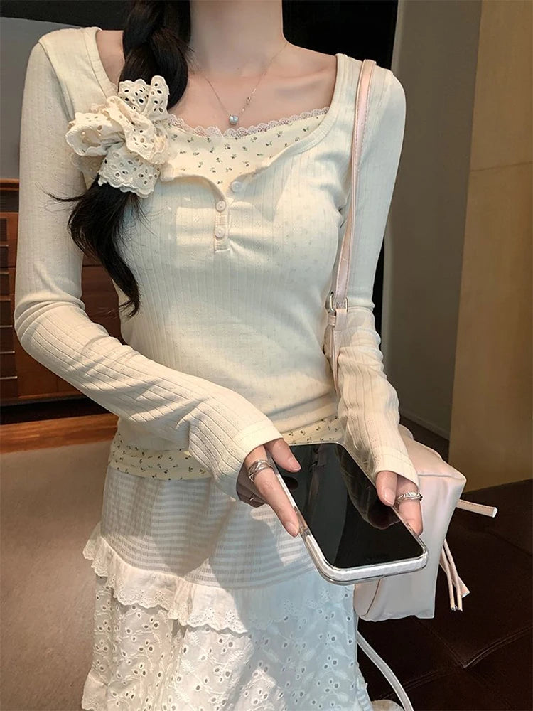 Floral Patchwork Long Sleeve T-shirt False Two-piece Lace Women Top 2025 Spring Slimming T-shirt Fashion Korean Style Clothing