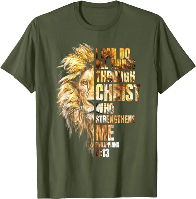 Christian I Can Do All Things Through Christ Lion Faith T-Shirt Lion Lover Graphic Outfits Men's Fashion Christ Faith Saying Tee