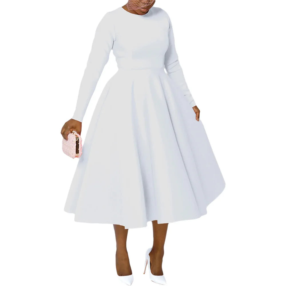 Elegant Church Dresses for Woman 2025 Fall Long Sleeve O Neck High Waisted A-Line Midi Calf Party Cocktail Dress with Pockets