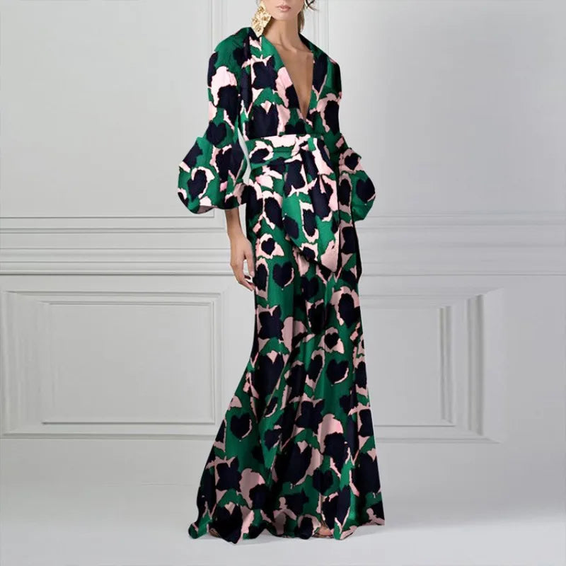 Bohemian Bird Print Maxi Dress Elegant V - Neck Bell Sleeve Tiered Dress for Vacation Party & Daily Wear