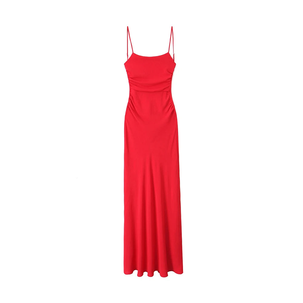 Draped Midi Dress for Women, Straight Neck, Thin Straps, Backless Female Dresses, Chic Fashion