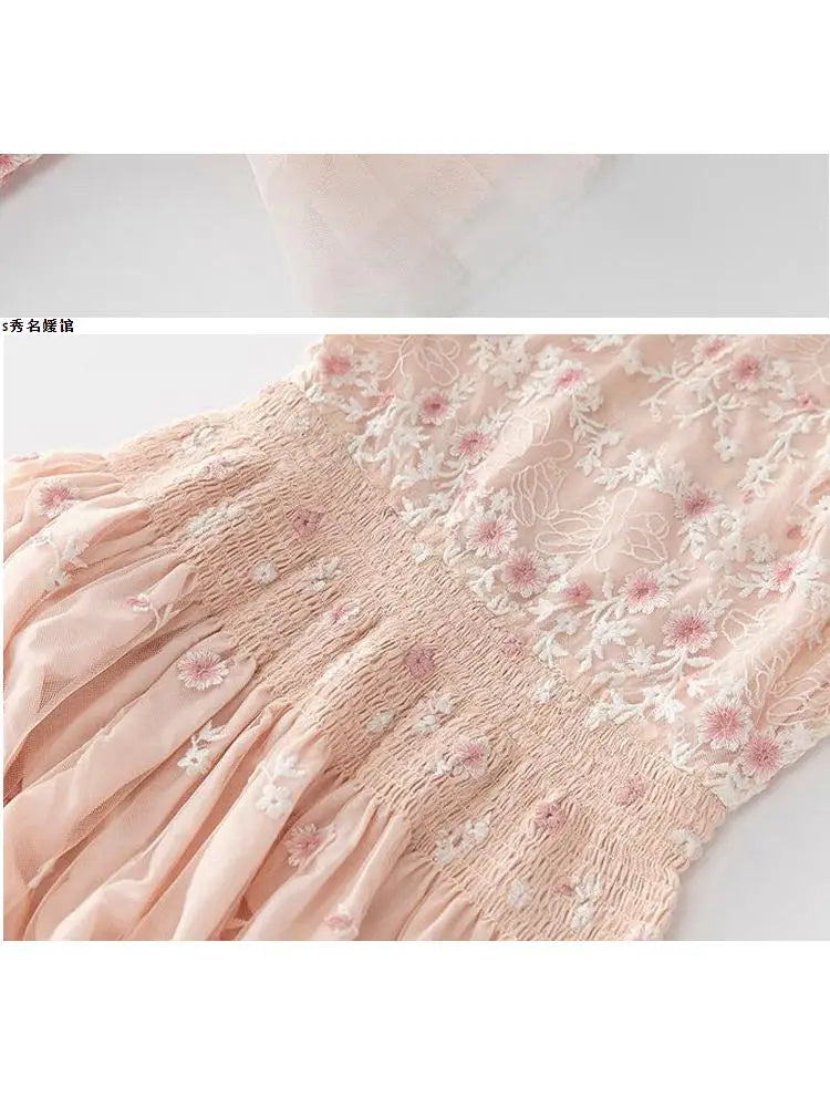 Embroidered Floral Flying Sleeve Lady Dress 2025 Summer O-Neck Elastic Waist Ruffles Mesh Women's Long Dresses