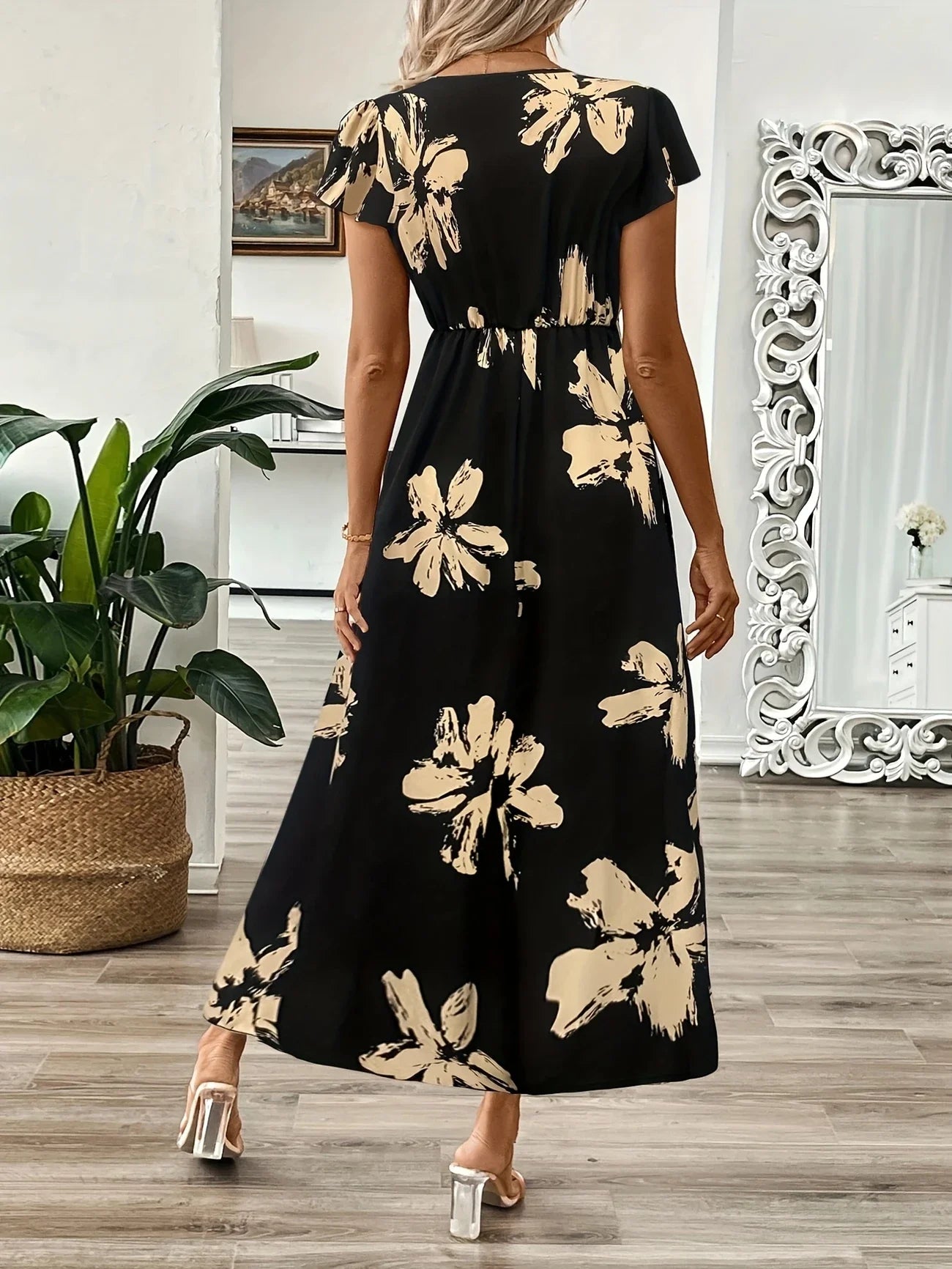 Plus Size 1XL-5XL Women's Fashion Elegant Plus Size Floral Maxi Dress Ladies Casual Short Sleeve Elegant Crew Neck Peplum Dress