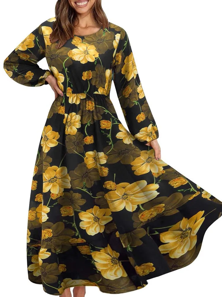 Elegant Floral Print Women Dress Spring Summer Casual O Neck Long Sleeve Chiffon A Line Long Maxi Dress Party Vestidos