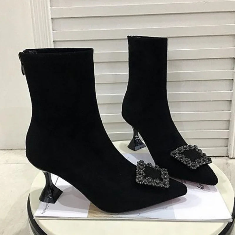 Ankle Boots Women Boots Women Shoes Woman Fashion High-heeled Pointed Flock Spring Autumn Rhinestone Short Boots