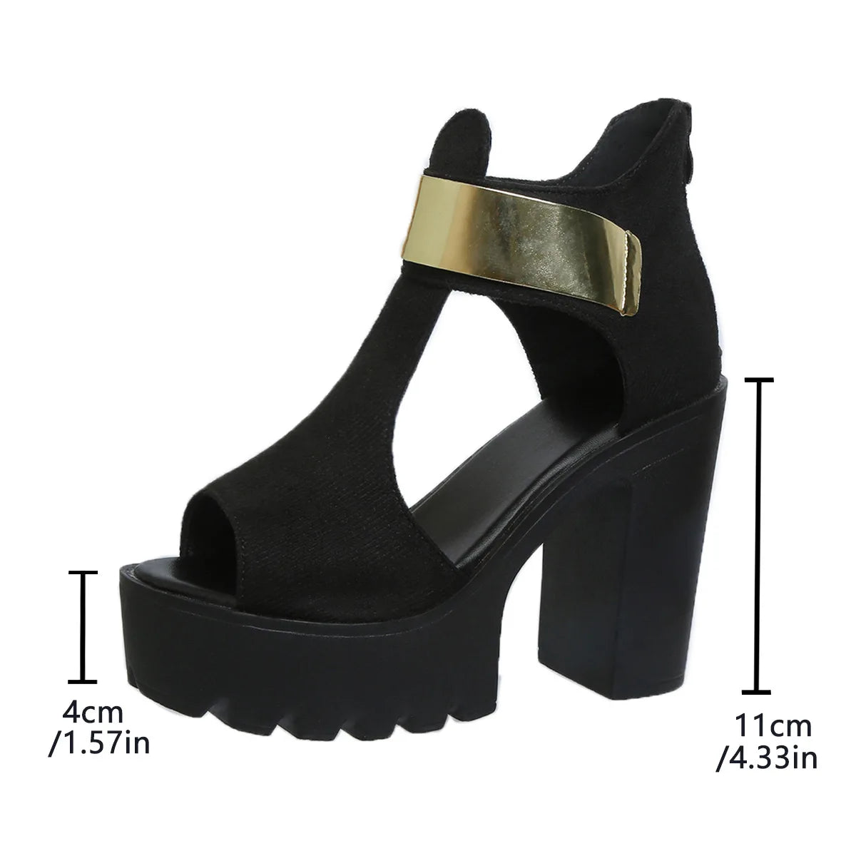 Women Classic High Heel Sandals Fashion New Round Toe Suede Open Toe Cutout Platform Rear Zipper Non-Slip Block Heel Shoes