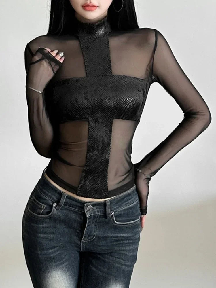 Long Sleeve Mesh T Shirts For Women Edgy Clothes Y2k Accessories Black Crop Top See Through Camisetas Skinny Sexy Ropa De Mujer