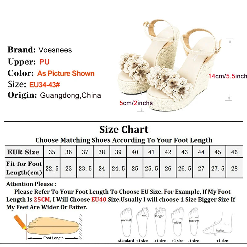 Womens Flower Wedge Sandals - 14 cm Platform Heels Peep Toe Buckle Strap