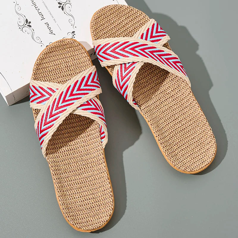 Ladies Linen Indoor Slippers Lightweight Comfortable Home Slippers Breathable Summer Slip-On Sandals