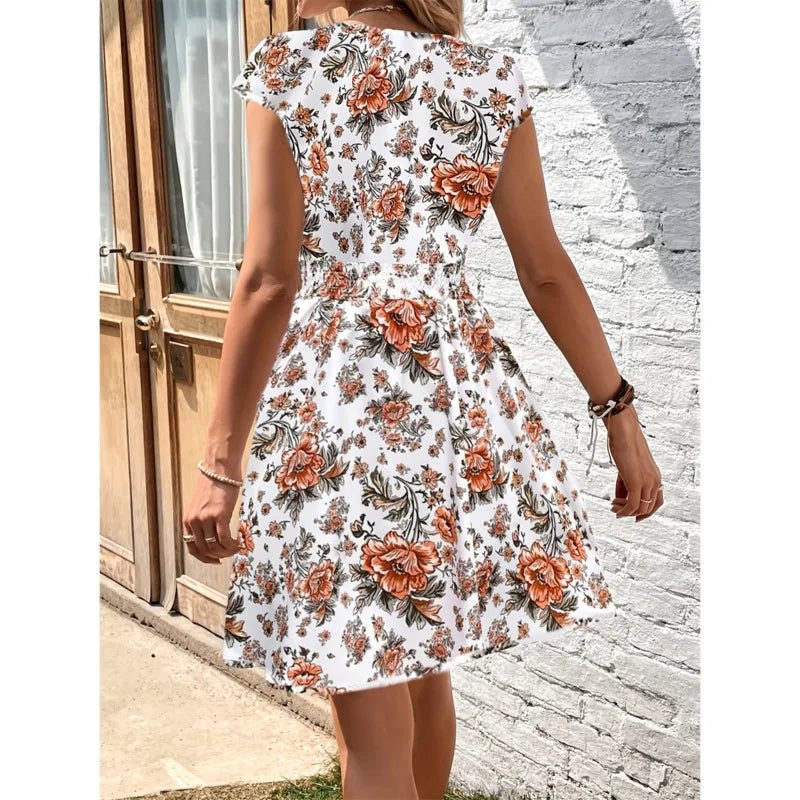 Floral Printed Midi Dresses For Women Casual Loose V-Neck Short Sleeeve Short Skirts Fashion Sexy Style High Waist Dresses