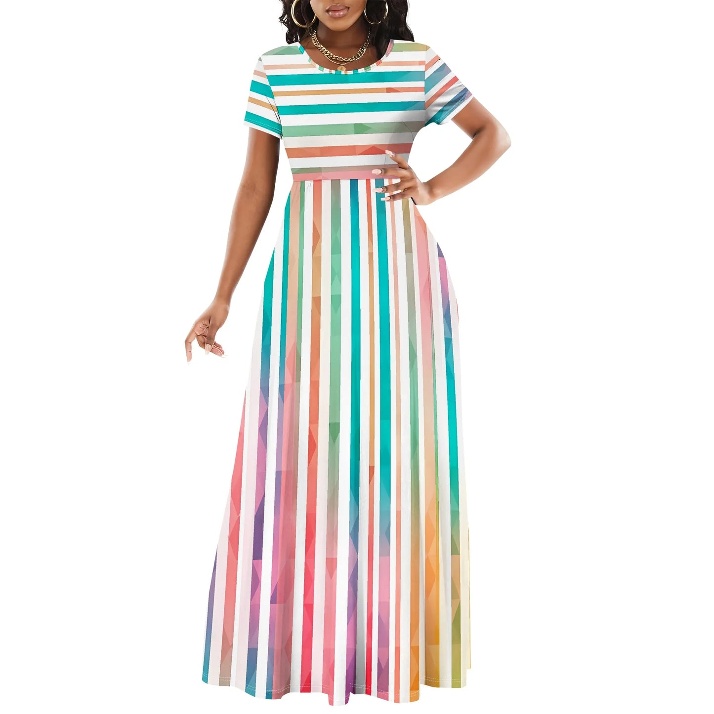 Striped Geometric Colorful Maxi Dress Elegant Casual Round Neck Long Dress