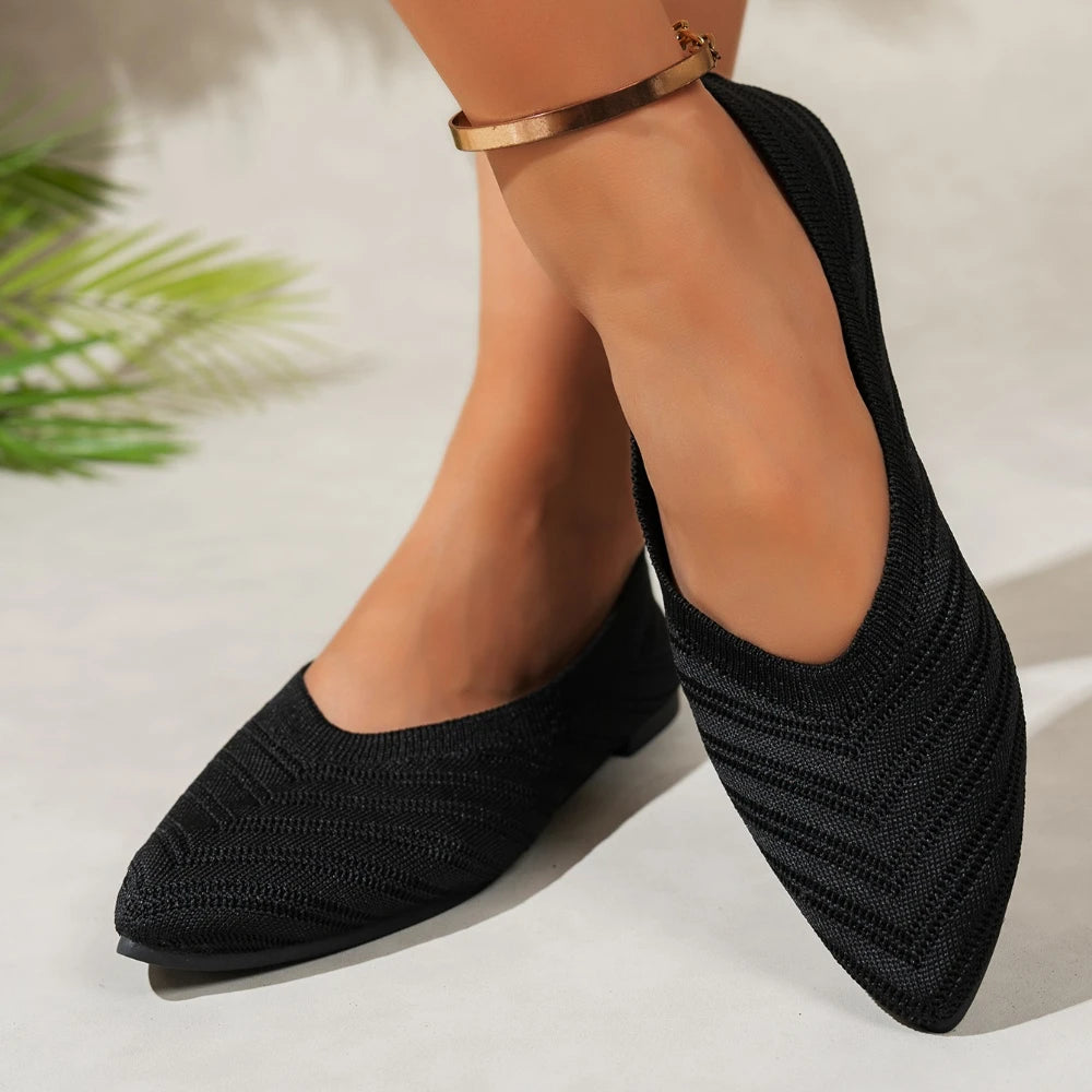 Women's Pointed Toe Flat Shoes Solid Color Knitted Slip on Shoes Casual Comfortable Breathable Ballet Flat Shoes for Women