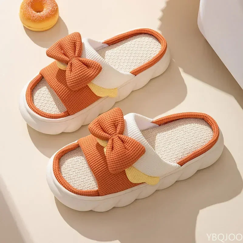 Linen Slippers Women Indoor Slippers Comzy Anti-Slip House Cotton Shoes Cute Bowknot Flat Slipper Couples Slides Spring Summer