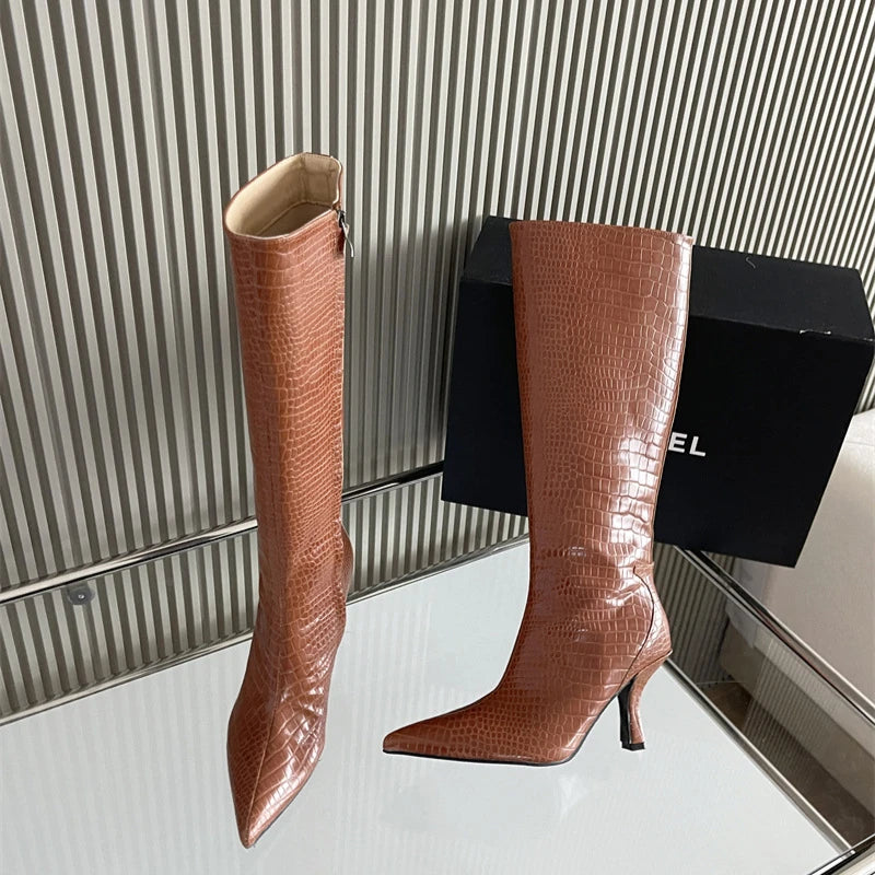New Mixed Color Snake Patterned Side Zipper Knee High Boots Autumn Winter European American Fashion Pointed High-heel Long Boots
