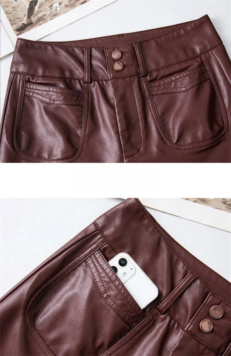 Black Red Leather Pants For Women Casual PU Leather Pants Women's Pants High-Waisted Straight Wide Leg Pants Autumn Winter