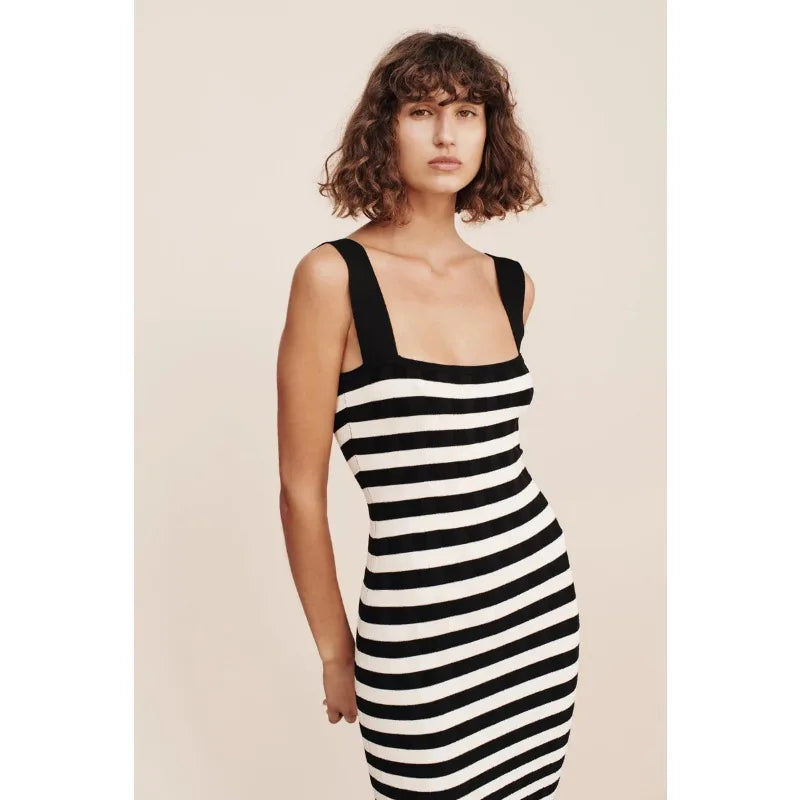 Striped High Waist Backless Maxi Dress Women Contrast Split Slim Fashion Off-Shoulder Autumn 2024 Party Dress Streetwear