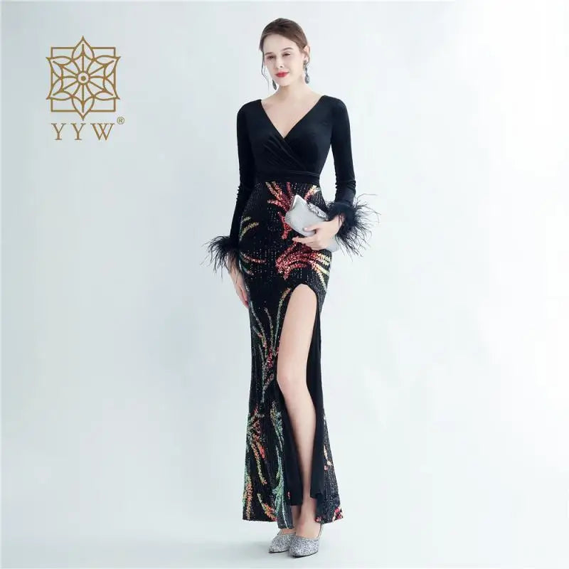 Black Dress For Women 2023 Deep V Autumn Winter Formal Evening Mermaid Long Sleeve Feather Maxi Cocktail Vestidos Celebrity Gown