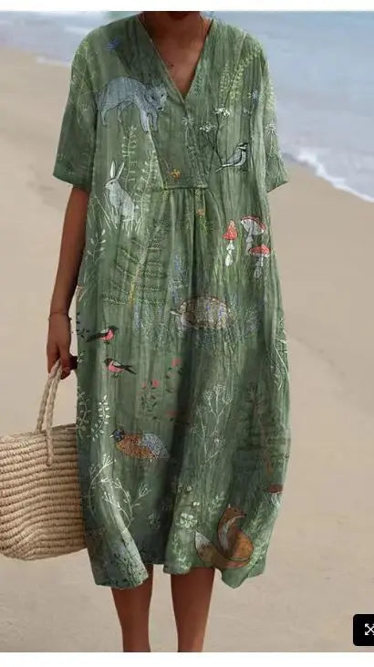Women Floral Print Summer Maxi Dresses Colorful V Neck Short Sleeve Casual Loose Vacation Workout Beachwear Dress Robe Traf 2025