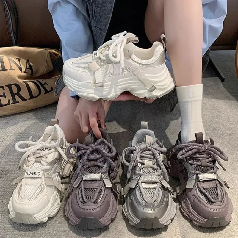 Women's Chunky Sneakers Breathable Mesh Platform Sports Shoes Woman Fashion Lace Up Thick Sole Casual Shoes Mujer