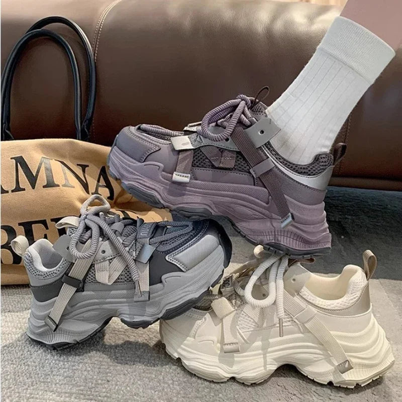 Women's Chunky Sneakers Breathable Mesh Platform Sports Shoes Woman Fashion Lace Up Thick Sole Casual Shoes Mujer