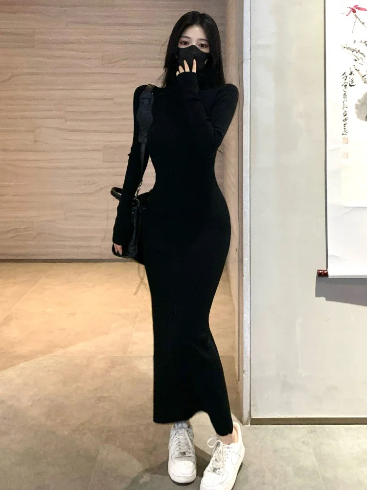 Black Maxi Dresses Women Slim Turtleneck Sexy Girls Elegant Autumn Winter Party Wear Fashion Ulzzang Vestidos De Fiesta Casual