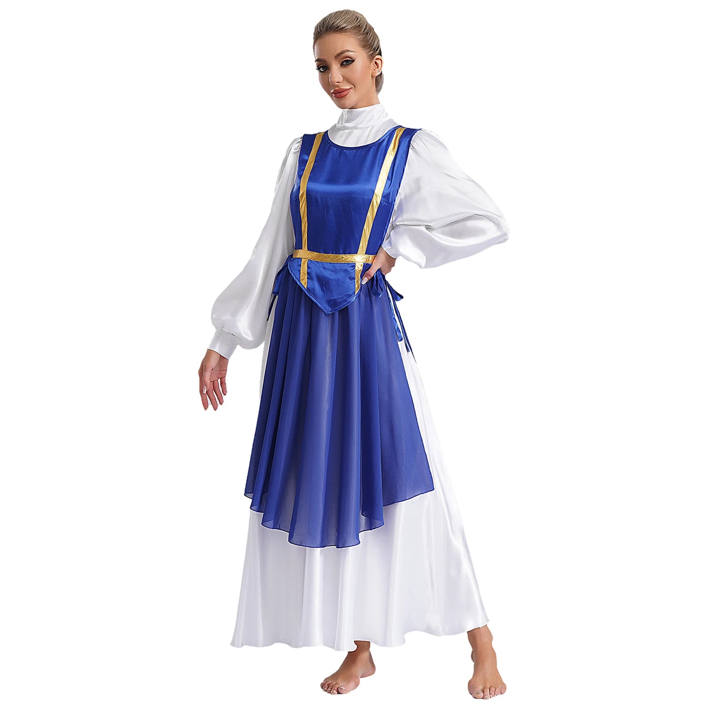 Women Liturgical Dance Choir Performance Costume Round Neck Sleeveless Lace-up Sides Split Satin Tunic Church Worship Dress Gown