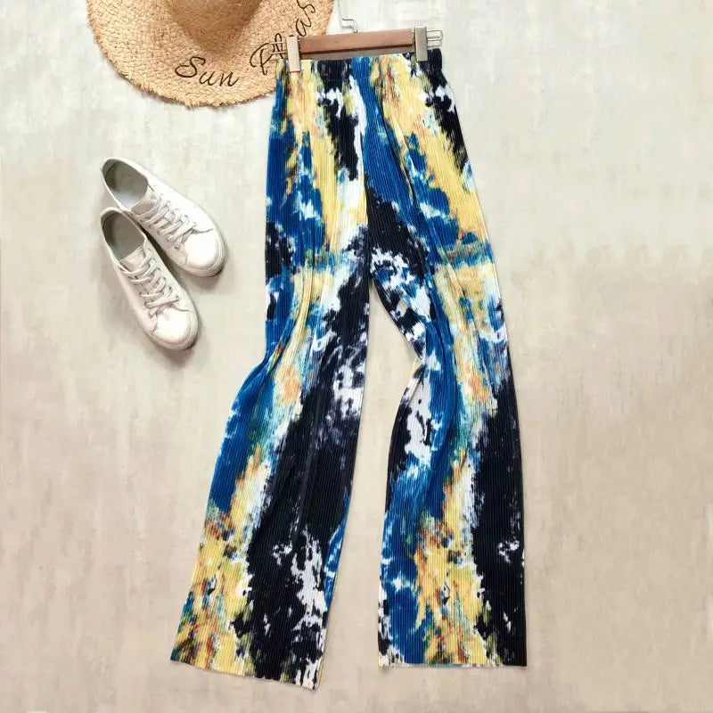 REALEFT 2024 New Spring Summer Painting Printed Long Pants Vintage High Waist Street Casual Loose Wide Leg Trousers Female