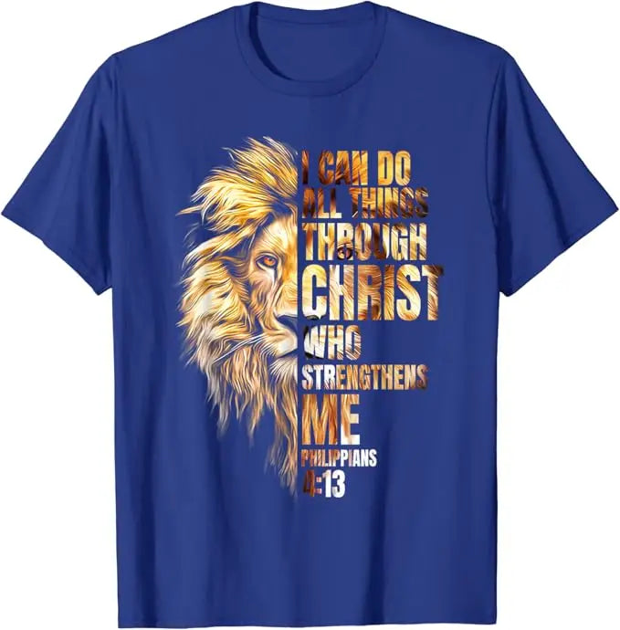 Christian I Can Do All Things Through Christ Lion Faith T-Shirt Lion Lover Graphic Outfits Men's Fashion Christ Faith Saying Tee