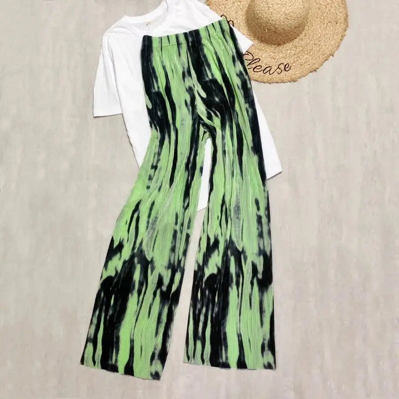 REALEFT 2024 New Spring Summer Painting Printed Long Pants Vintage High Waist Street Casual Loose Wide Leg Trousers Female