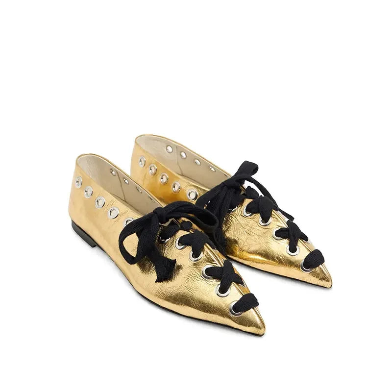 2025 Pointed Toe Flat Bottomed Single Shoes Punk Style New Fashionable Women Shoes Handmade Shoe Double Row Buttonhole
