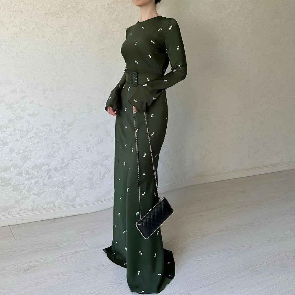 Floral Print Dresses Women Autumn Winter Long Sleeve Green Maxi Dress With Belt Female Elegant Vintage Casual Loose Long Dresses