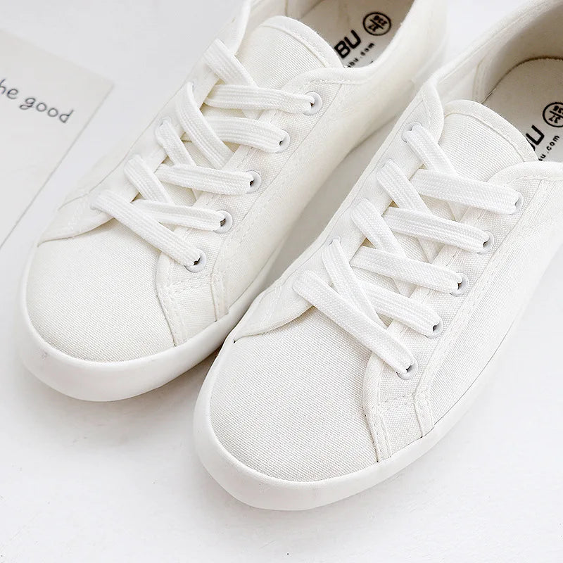 Women's Low-top Canvas White Shoes Ladis Simple Student Breathable Lace-up Sneakers Comfortable Couple Shoes Sports Day Sneakers