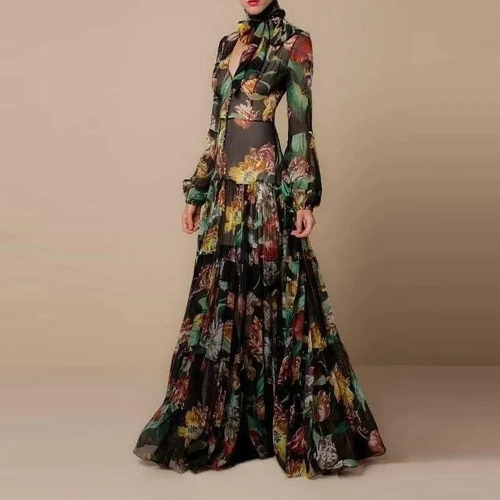 Elegant Floral Printed Slim Women's Dress Puff Long Sleeves Halter Neck Pleated 2025 Maxi Dresses Female Fishtail Evening Robes