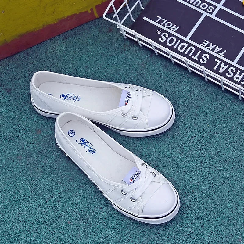 White Shallow Women's Canvas Sneakers 2025 Trend Summer Flats Lightweight Sport Casual Shoes Soft Loafers Zapatillas De Mujer