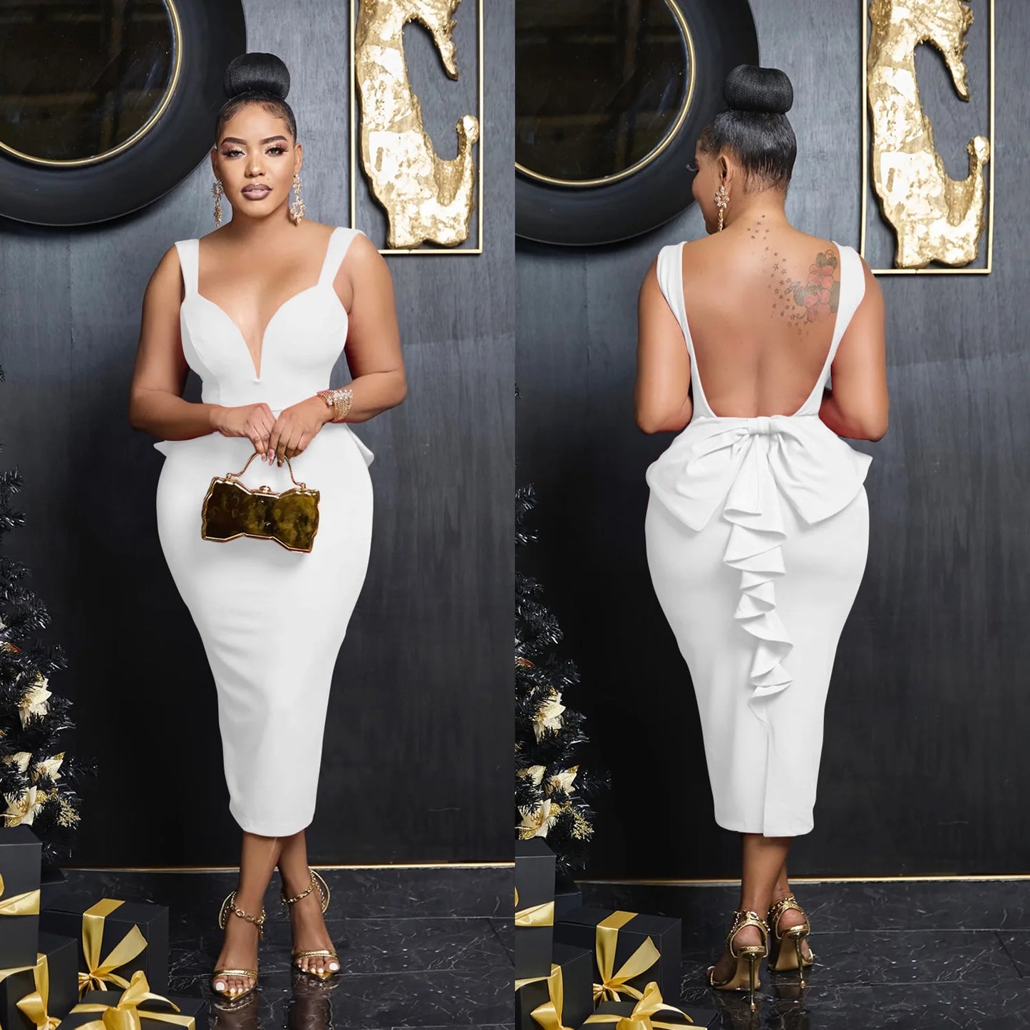 Hot Midi Dresses Summer Deep V Neck Bowtie Backless Long Wedding Party Female Dress Sexy Skinny Night Club Outfits Woman Clothes