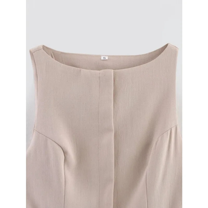Elegant Midi Dress Beige Contrast Panels Sleeveless Work Dress with Belt 2025 Spring Summer Casual Chic Outfit