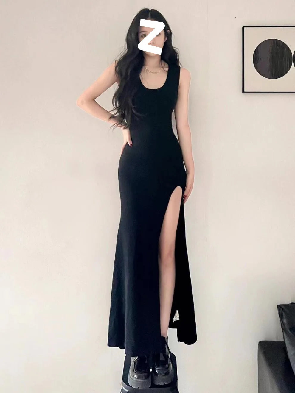 2025 Elegant Black Sleeveless Maxi Dress with High Side Slit, Bodycon Evening Party Gown