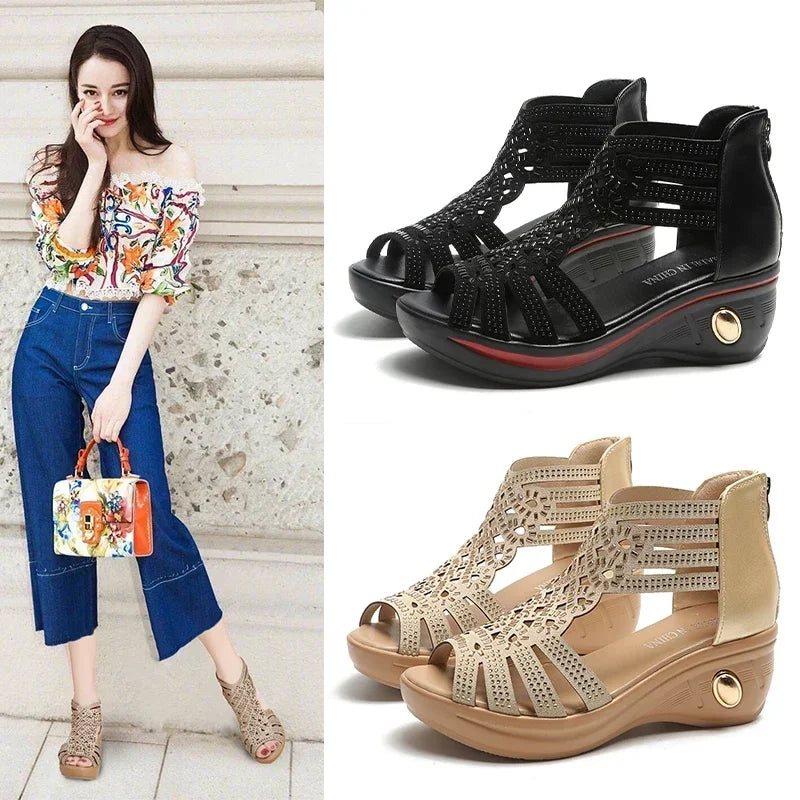 2025 New Fashion Wedge Sandals Women Summer Shoes Elegant Ladies Rome Hollow Out Sandals Female Sandalias Black Wedge Heels