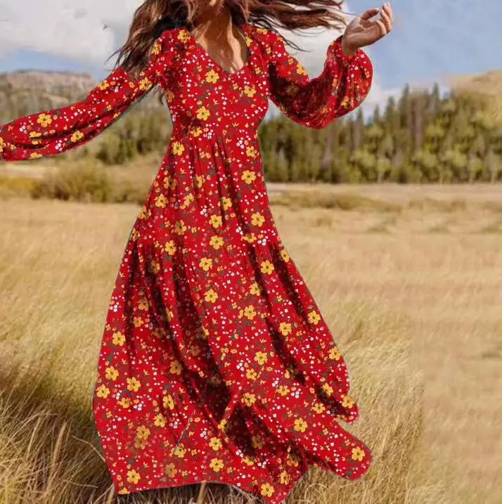 Casual boho Floral Print Long Dress For Women Elegant Party Maxi Dresses Spring Autumn Full Sleeve Ruffle Vintage Dress Female