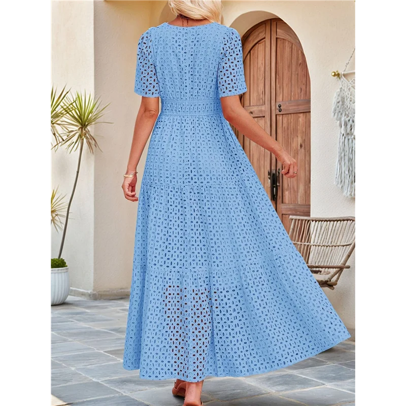 ASDS-Women's Summer Short Sleeve Maxi Dress Casual V Neck Hollow Out Eyelet Ruffle Swing A Line Long Dresses