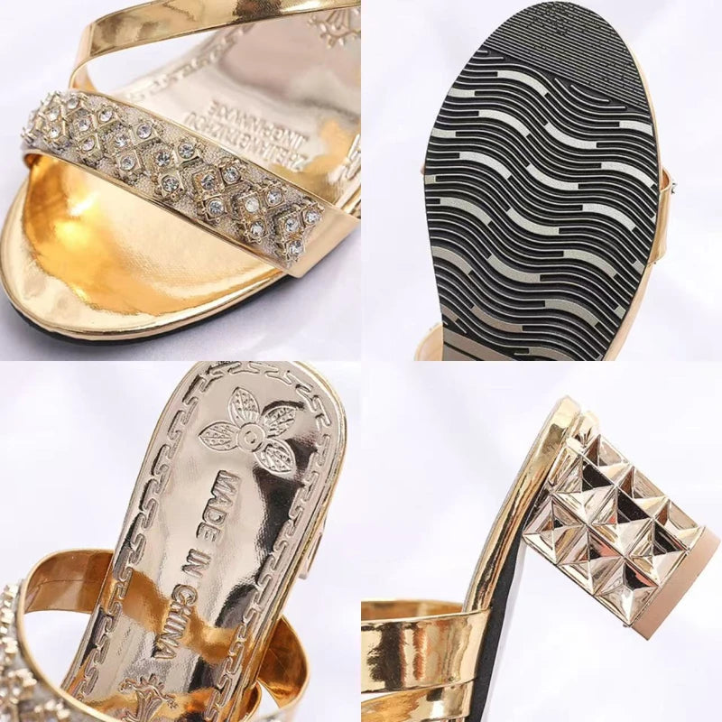 Summer New Women's Sandals Block Heels Female High Heels Rhinestones Luxury Party Shoes Slip on Women Slippers Open Toe Zapatos