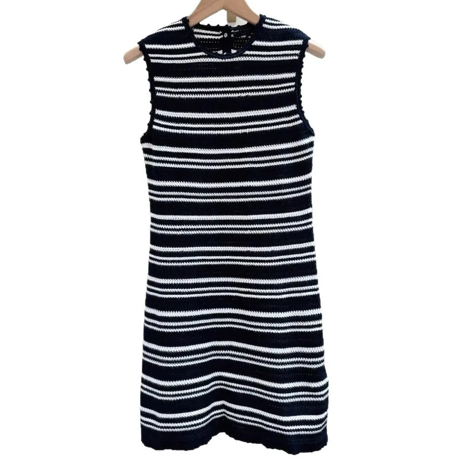 Women's black and white striped knitted dress round neck sleeveless slim straight mini dress