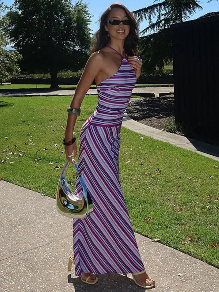 Striped Halter Print Sexy Maxi Dress For Women Off-shoulder Sleeveless Backless Lace-up Patchwork Fashion Holiday Dress