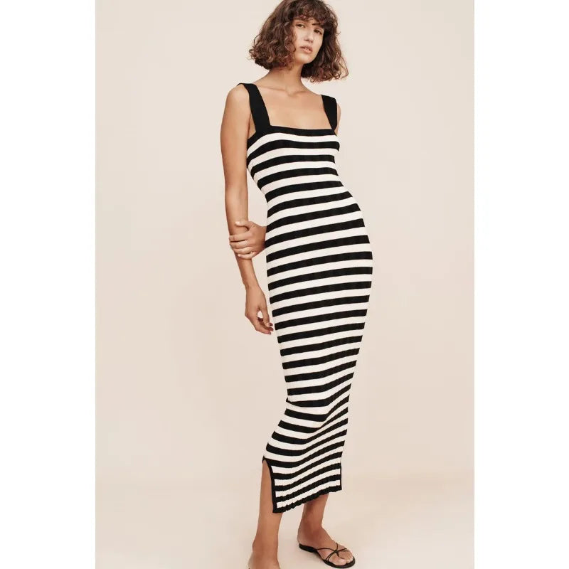 Striped High Waist Backless Maxi Dress Women Contrast Split Slim Fashion Off-Shoulder Autumn 2024 Party Dress Streetwear