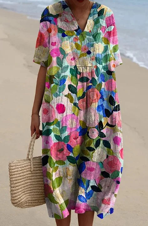 Women Floral Print Summer Maxi Dresses Colorful V Neck Short Sleeve Casual Loose Vacation Workout Beachwear Dress Robe Traf 2025