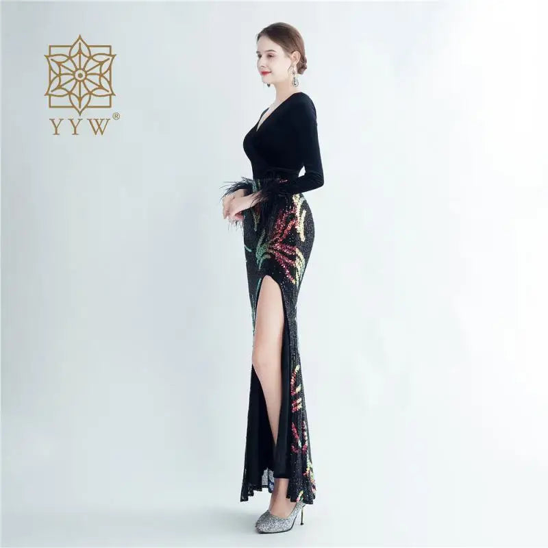 Black Dress For Women 2023 Deep V Autumn Winter Formal Evening Mermaid Long Sleeve Feather Maxi Cocktail Vestidos Celebrity Gown